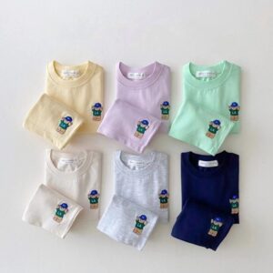 Kids Baby Girls Boys Summer Cute Cotton Solid Color Bear Pattern Round Neck Two-Piece Set