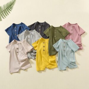 Toddlers Newborn Baby Fashion Boys Girls Casual Short Sleeve Solid Color Button Romper