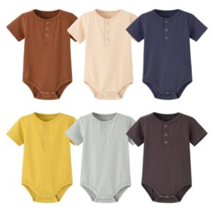 Toddlers Newborn Baby Fashion Boys Girls Casual Short Sleeve Solid Color Button Bodysuit