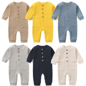 Toddlers Newborn Baby Fashion Boys Girls Casual Long Sleeve Solid Color Button Pocket Jumpsuit