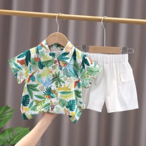 Toddlers Newborn Baby Fashion Boys Short Sleeve Cartoon Leaves Print Lapel Shirt And Shorts 2pcs Summer Set
