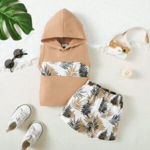 Toddlers Newborn Baby Fashion Boys Sleeveless Print Tropical Hooded Top And Shorts 2pcs Set