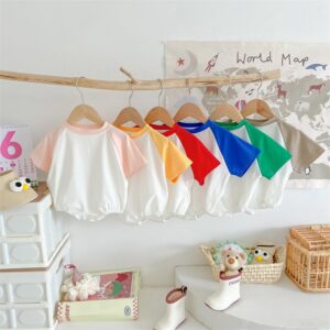Toddlers Newborn Baby Fashion Girls Boys Casual Basic Short Sleeve Solid Color Patchwork Bodysuit