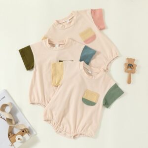 Toddlers Newborn Baby Fashion Girls Boys Casual Basic Short Sleeve Solid Color Patchwork Bodysuit