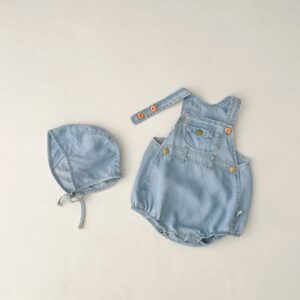 Unisex Babies Summer Thin Soft Denim Romper With Hat