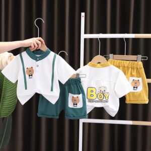 Toddlers Newborn Baby Fashion Boys Casual Short Sleeve Cartoon Bear Print T-Shirt And Shorts 2pcs Set