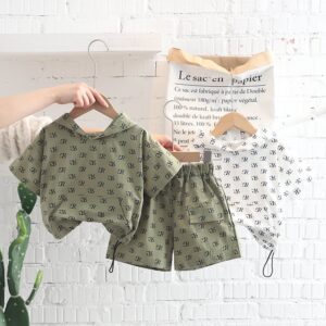 Toddlers Newborn Baby Fashion Boys Casual Sports Short Sleeve Letter Hooded Top And Shorts 2pcs Set