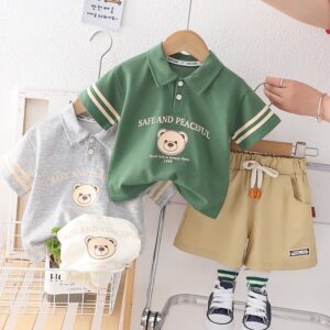 Toddlers Newborn Baby Fashion Boys Casual Short Sleeve Cartoon Bear Print Lapel T-Shirt And Shorts 2pcs Set