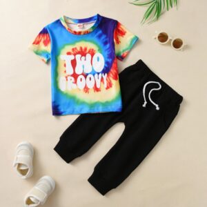 Toddlers Newborn Baby Fashion Boys Casual Short Sleeve Tie Dye Letter Print T-Shirt And Pants 2pcs Set