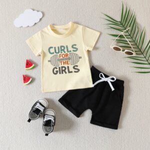 Toddlers Newborn Baby Fashion Boys Casual Basic Short Sleeve Letter Curls Print T-Shirt And Shorts 2pcs Set