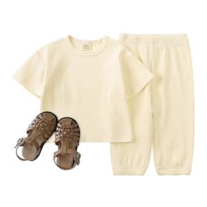 Toddlers Newborn Baby Fashion Girls Boys Casual Basic Short Sleeve Solid Color T-Shirt And Pants 2pcs Set