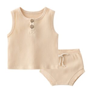 Toddlers Newborn Baby Fashion Girls Boys Casual Basic Solid Color Sleeveless Top And Shorts 2pcs Set