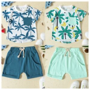 Toddlers Newborn Baby Fashion Boys Beach Coconut Tree Print Short Sleeve T-Shirt And Shorts 2pcs Set