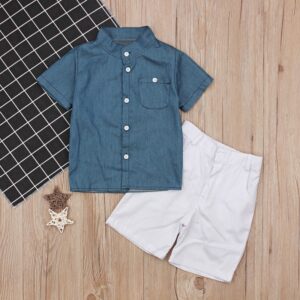 Toddlers Newborn Baby Fashion Boys Casual Short-Sleeved Blue Shirt Top And Shorts 2pcs Set