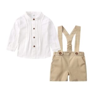 Toddlers Newborn Baby Fashion Boy Long Sleeve White Shirt And Strap Romper 2pcs Set