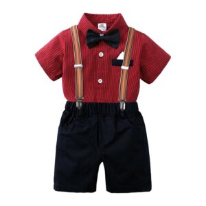 Children Kids Baby Fashion Boys Basic Casual Short Sleeve Bow Tie Shirt And Overalls Shorts 2pcs Gentleman Set