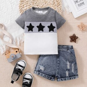 Toddlers Newborn Baby Fashion Boys Short Sleeve Star Print T-Shirt And Denim Shorts 2pcs Set