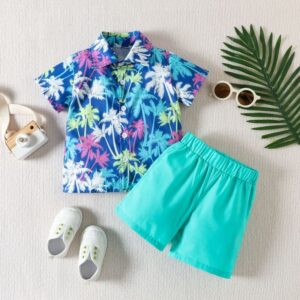 Toddlers Newborn Baby Fashion Boys Short Sleeve Coconut Tree Print Shirt And Shorts 2pcs Set
