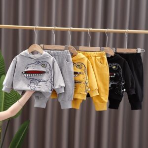 Boys Casual Cartoon Dinosaur Long Sleeve Hoodie And Sweatpants Two Piece Set
