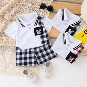 Children Kids Baby Fashion Boys Short Sleeve Plaid Print T-Shirt And Shorts 2pcs Set