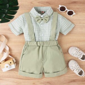 Toddlers Newborn Baby Fashion Boys Short Sleeve Plaid Print Shirt And Strap Shorts 2pcs Set