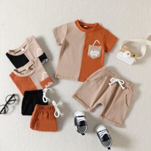 Toddlers Newborn Baby Fashion Boys Short Sleeve Color Matching Letter Print Top And Shorts 2pcs Set