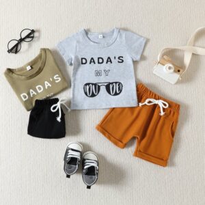 Toddlers Newborn Baby Fashion Boys Short Sleeve Letter Glasses Print Top And Shorts 2pcs Set
