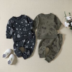 Toddlers Newborn Baby Fashion Boys Long Sleeve Cartoon Dinosaurs Print Top And Pants 2pcs Set
