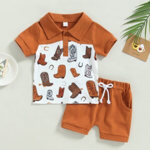 Toddlers Newborn Baby Fashion Boys Short Sleeve Cartoon Boots Print Shirt And Shorts 2pcs Set