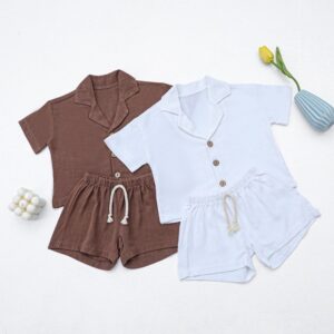 Toddlers Newborn Baby Fashion Boys Girls Basic Short Sleeve Solid Color Lapel Top And Shorts 2pcs Set
