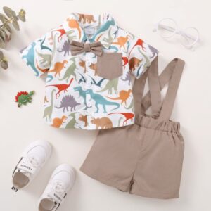 Toddlers Newborn Baby Fashion Boys Dinosaur Print Short Sleeve Top And Solid Color Suspenders Shorts 2pcs Set