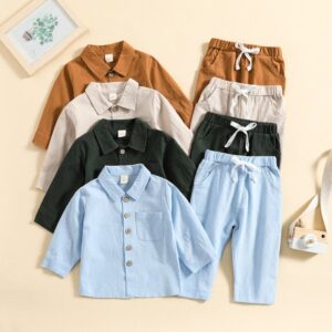 Toddlers Newborn Baby Fashion Boys Girls Basic Solid Color Long Sleeve Lapel Top And Pants 2pcs Set