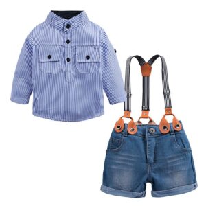 Toddlers Newborn Baby Fashion Boys Blue Stripe Shirt And Denim Shorts Overalls Set