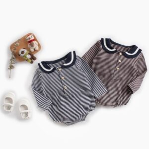 Toddlers Newborn Baby Fashion Girls Boys Stripe Print Long Sleeve Lapel Bodysuit