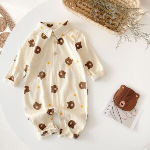 Toddlers Newborn Baby Fashion Boys Girls Long Sleeve Cartoon Bear Print Jumpsuit
