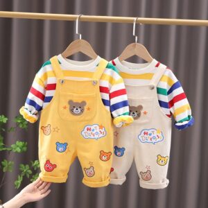 Toddlers Newborn Baby Fashion Boys Long Sleeve Colorful Stripe Sweatshirt And Bear Jumpsuit Set