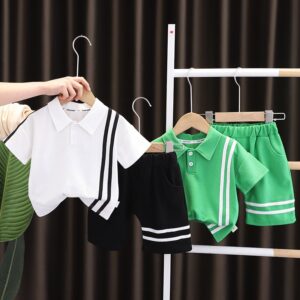 Children Kids Toddlers Fashion Boys Short Sleeve Stripe Lapel T-Shirt And Shorts 2pcs Set