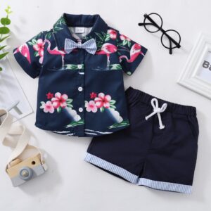 Toddlers Newborn Baby Fashion Boys Floral Print Short Sleeve Shirt And Solid Color Shorts 2pcs Set