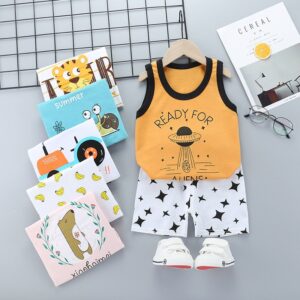 Kids Casual Round Neck Sleeveless Cartoon Pattern Vest And Shorts Set