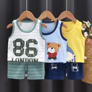 Kids Cute Cartoon Pattern Round Neck Vest And Shorts Set