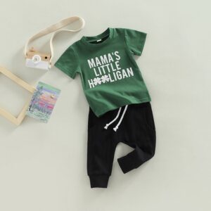 Toddlers Newborn Baby Fashion Boys Letter Printed T-Shirt And Pants St.Patrick's Day 2pcs Set