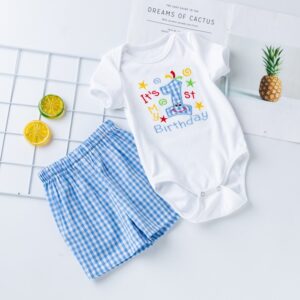 Toddlers Newborn Baby Birthday Boys Long Sleeve Bodysuit And Plaid Shorts Set