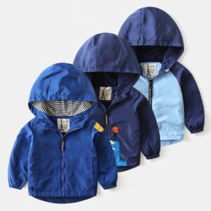 Children Kids Toddlers Boys Cartoon Patch Embroidered Long Sleeve Hooded Zipper Thick Jacket