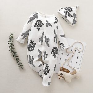 Toddlers Newborn Baby Girls Boys Long-Sleeved Cactus Printed Jumpsuit And Hat 2pcs Set