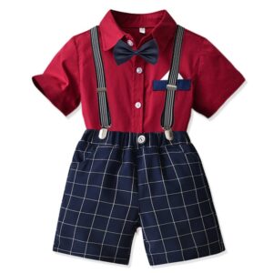 Children Kids Toddler Boys Short Sleeve Bow Shirt And Strap Shorts 2 Pcs Set