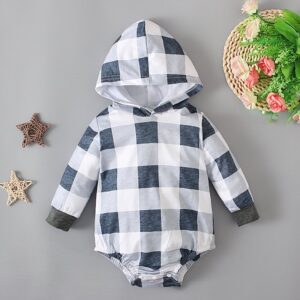 Baby Infants Toddlers Girls Boys Plaid Long-Sleeved Hooded Bodysuit