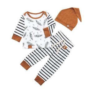 Kids Long Sleeves Feather Printed Tops And Stripe Pants Set
