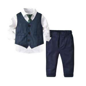 Boys Single-breasted Shirt Sleeveless Vest And Pants With Tie Set