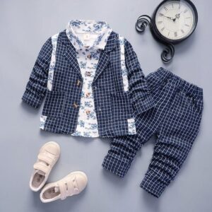 Kids Lapel Design Flower Pattern Shirt Long-sleeves Coat And Pants Set