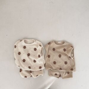 Baby Cute Cartoon Bear All Over Print Round Neck Sleeveless Vest And Shorts Two-piece Set